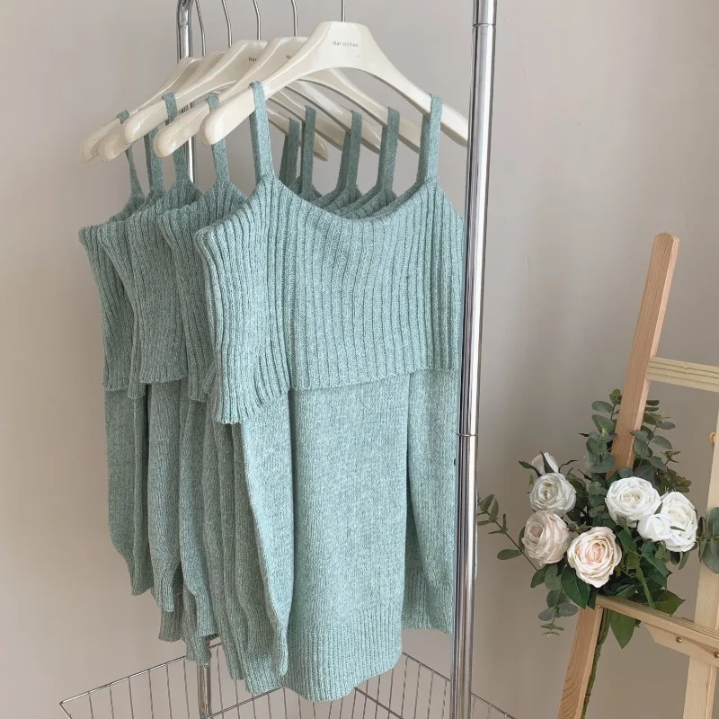 Sweet Fashion Camisole Knit Sweater Women Off Shoulder Collarbone Soft Glutinous Solid Elastic Temperament Gentle Autumn Wear