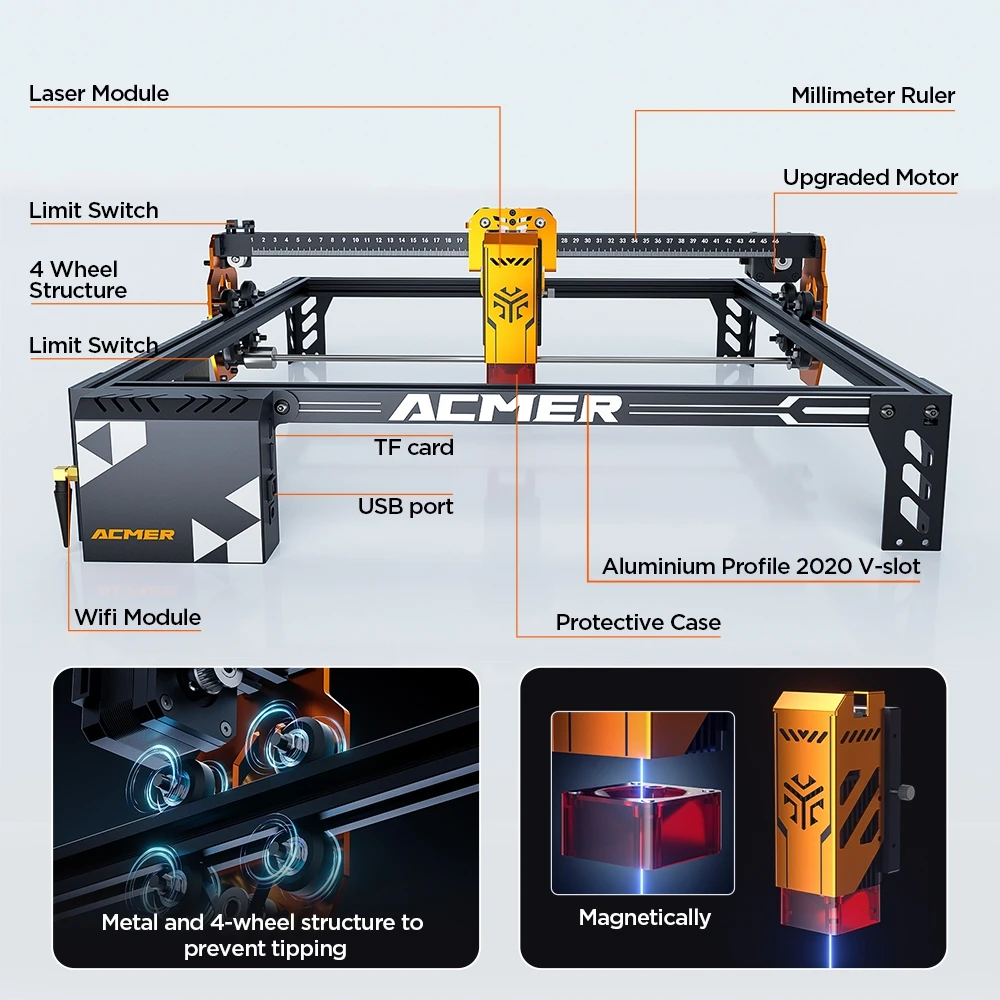 ACMER P1 S PRO 6W Macchina da taglio per incisione laser CNC Testa laser blu WiFi APP Controllo Macchina per incisione su legno Compensato