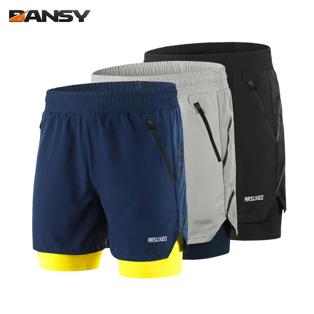 ARSUXEO Men Running Shorts 2 In 1 Summer Reflective Sports Shorts Fitness Yoga Exercise Jogging Breathable Bicycle Shorts