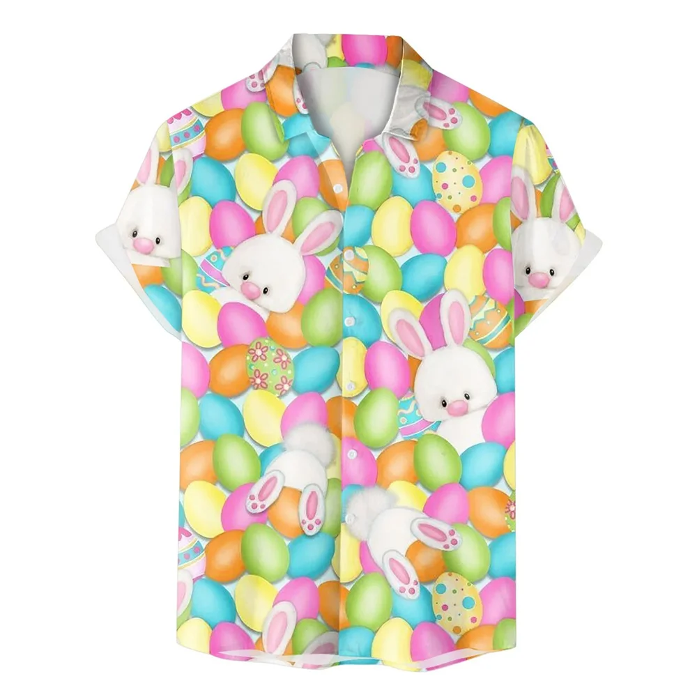 Happy Easter Day Kawaii Men Cartoon Rabbit Hawaiian Shirts 3D Printed Beach Shirt Women Clothe Kids Colored Egg Shirt Button Top