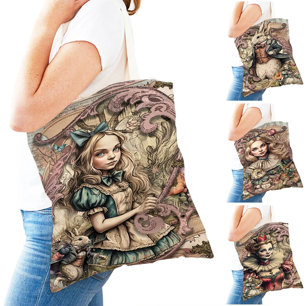 Casual Fairy tale Women Shopping Bags Double Print Wonderland Lady Shopper Bag Children Gift Canvas Girl Tote Handbags