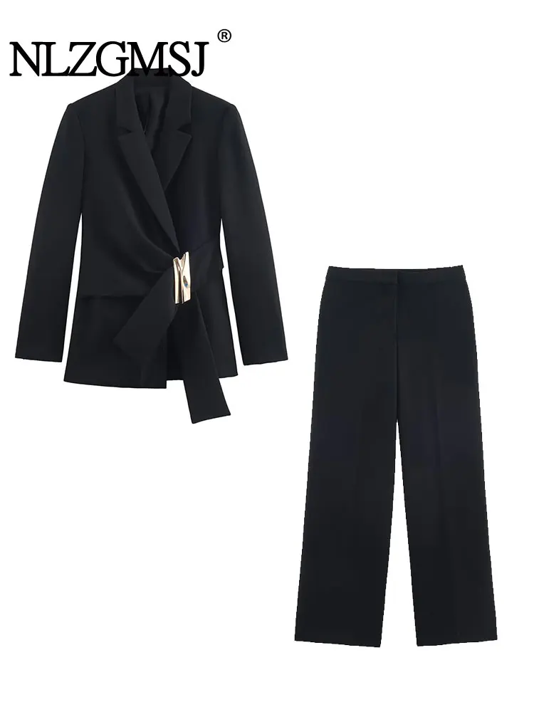 Nlzgmsj conjunto de calças de terno feminino fivela decoração manga longa blazer casaco + calças de perna reta 2 peças conjuntos de roupas femininas chiques