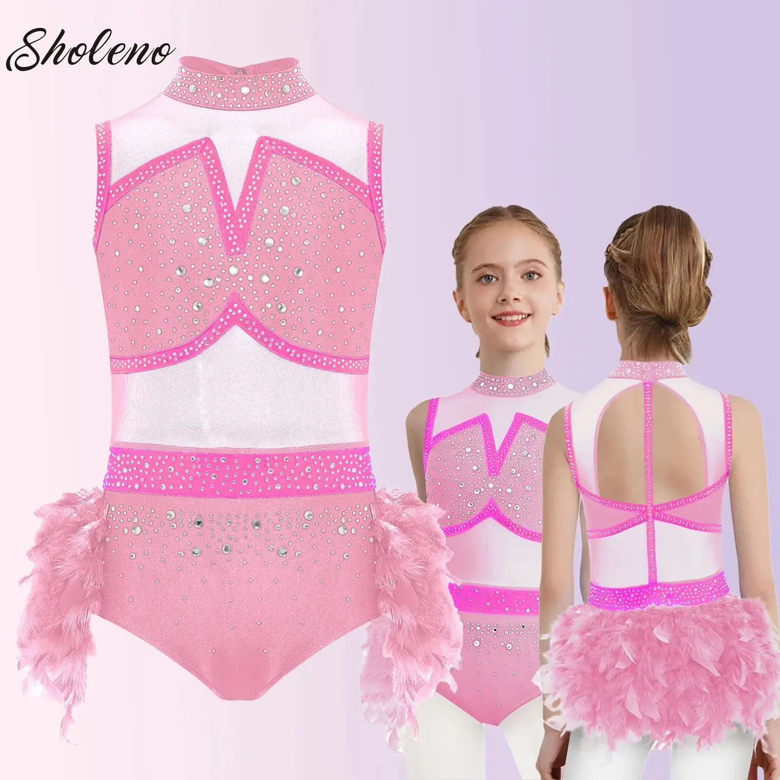 

Kids Girls Jazz Latin Dance Performance Costume Sleeveless Shiny Tutu Feather Leotard Skirt for Ballet Dancing Competition Wear