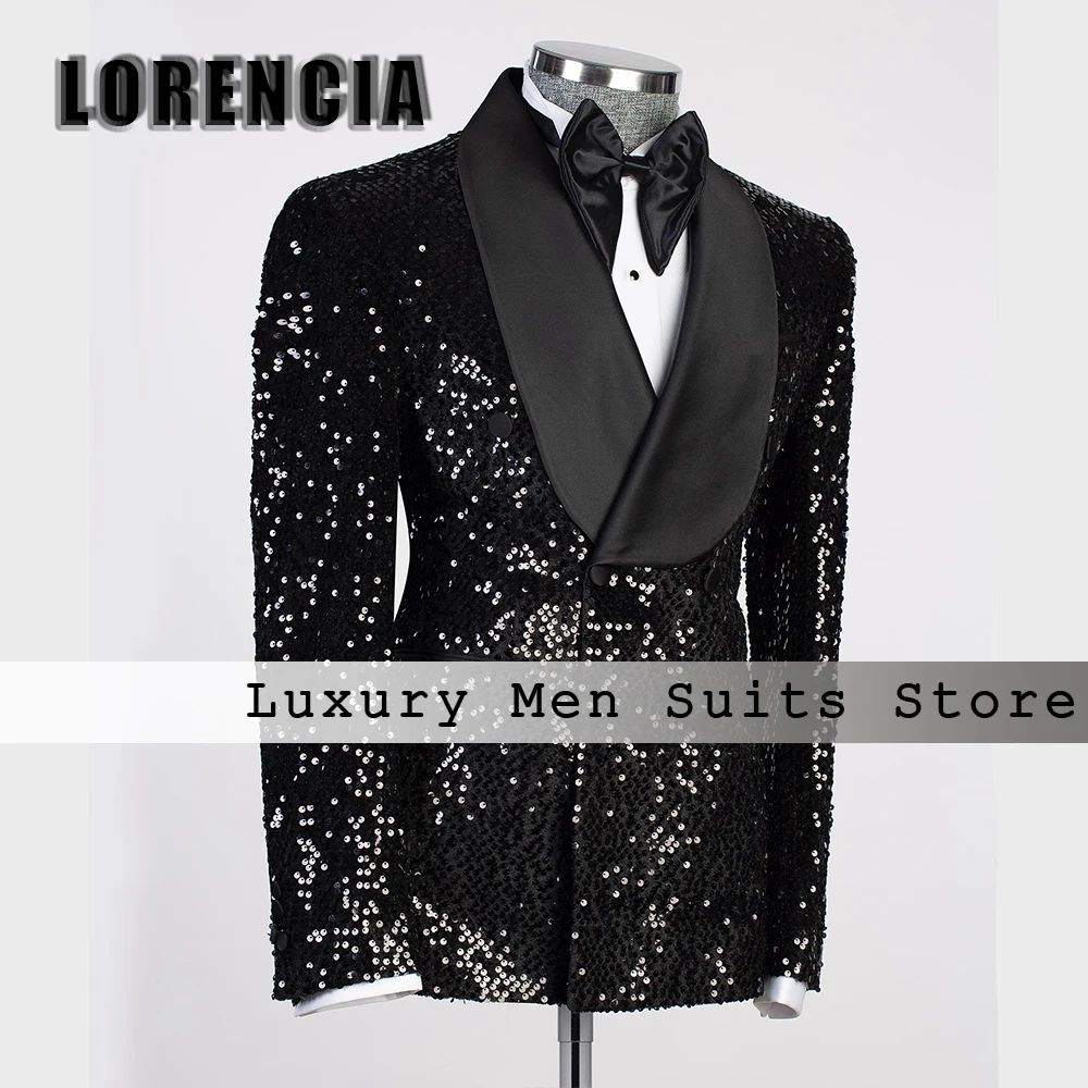 

Мужские костюмы с блестящими пайетками, комплект из 2 предметов, смокинги для жениха с шалевым воротником для свадьбы по индивидуальному заказу, блейзерные брюки 2025 traje ju изменений masculino