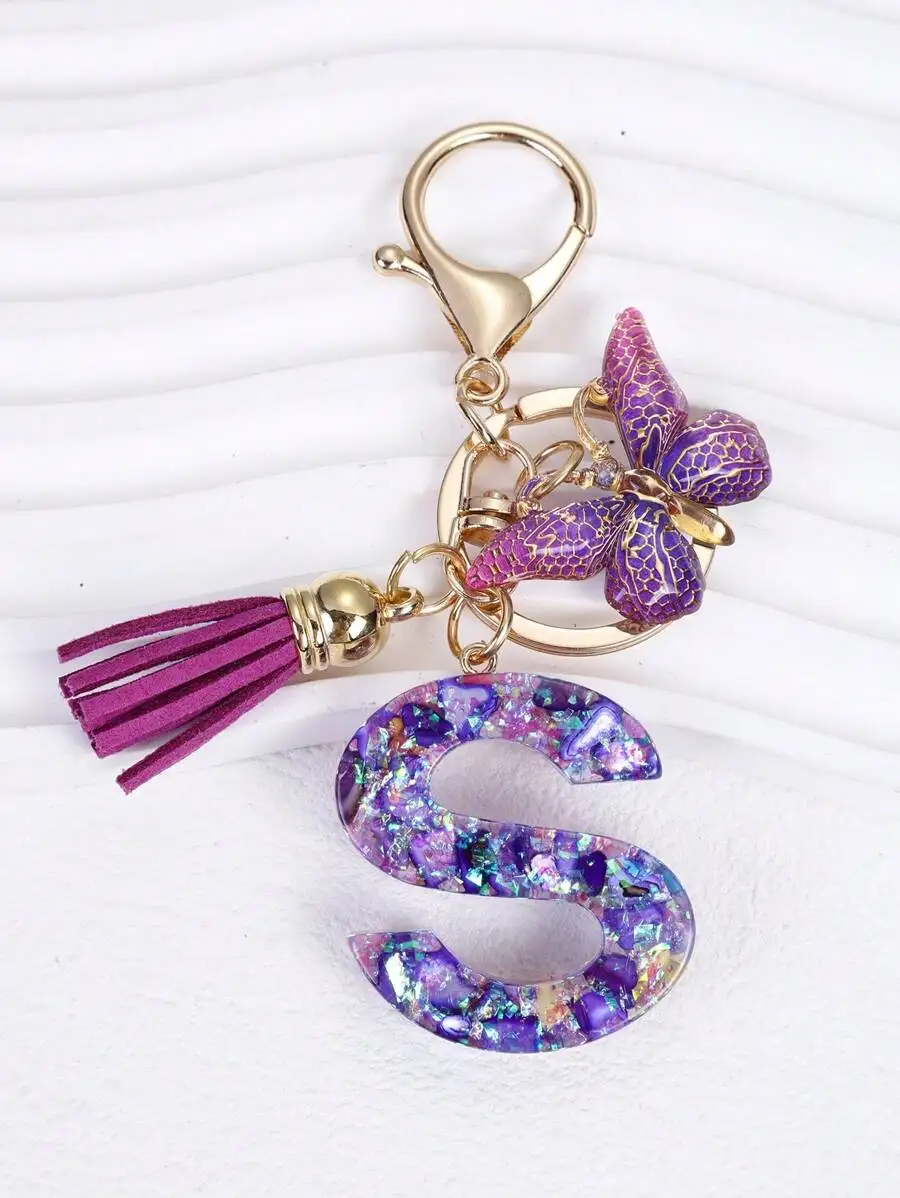 

Purple Glitter Letter S Keychain with Butterfly Charm and Tassel