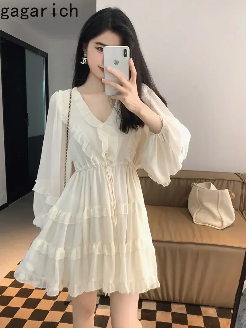 Gagarich Spring Autumn Women Dress New Immortal Temperament High Sense Goddess Fan Apricot First Love Vestidos Female