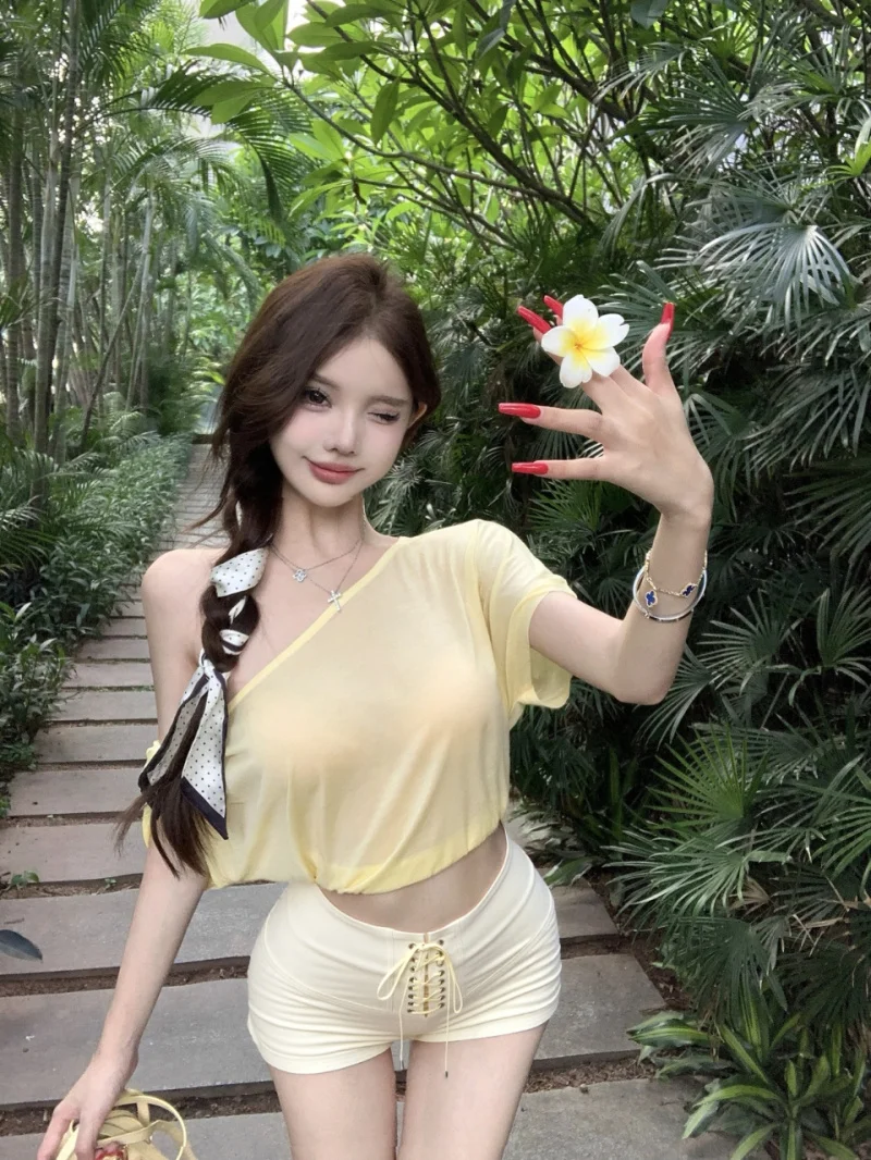 

Kumikumi Pure Desire Style Women's Slim Fit Short Sleeve T-Shirt Shoulder Baring Thin Design Summer Versatile Age Reducing Top