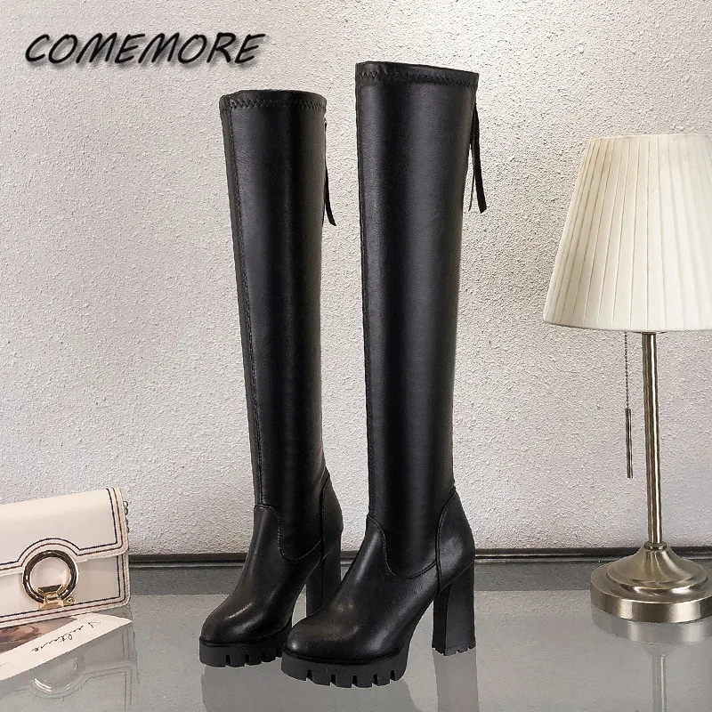 Long Leather Boots Woman\'s Over-the-knee Skinny Boots Autumn Winter New Long-tube High-heeled Stretch Boots Shoes for Women PU