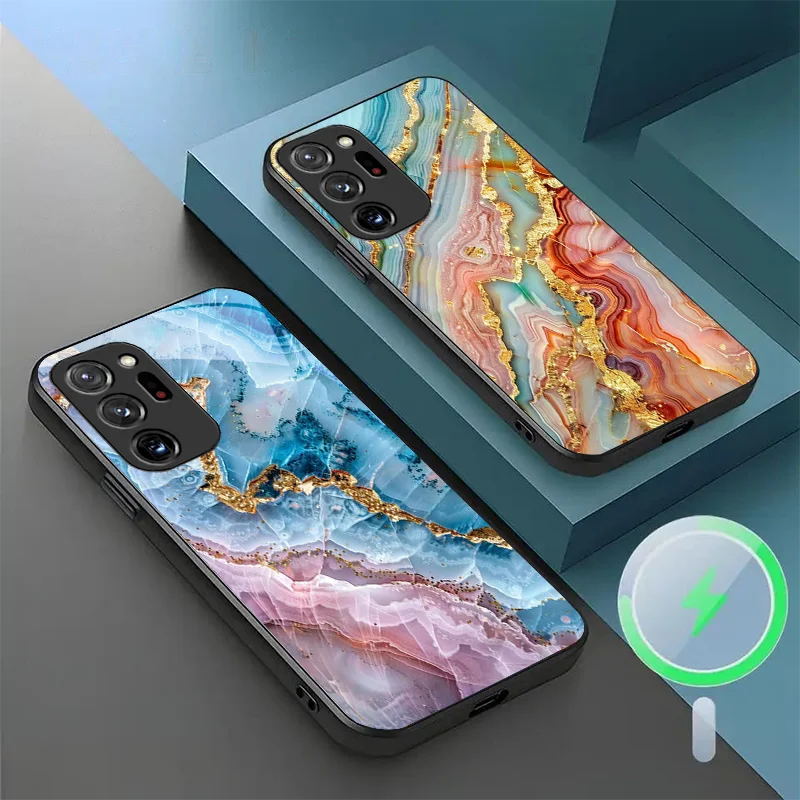 

For Samsung S 26 Ultra 20 24 21 23 25 22 FE Magnetic Glass Phone Case Printed Rainbow Marble Pattern Protection Cover for Girls