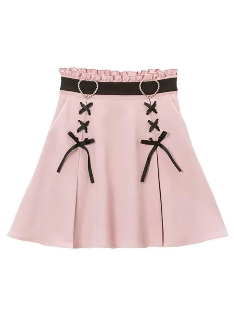 2026 Y2k Aesthetic Harajuku Style Skirt Sweet Girl High Waist Mini Bandage Lolita Skirts Womens Solid Streetwear Gothic Jk Saia