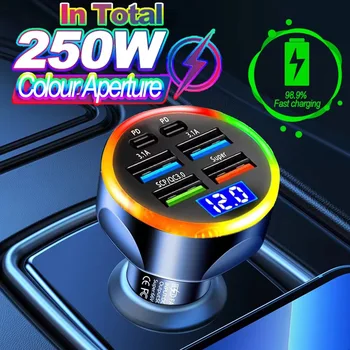 66-250W PD Car Charger QC3.0 Fast Charge One to Six Car Cigarette Lighter Plug Car Charger