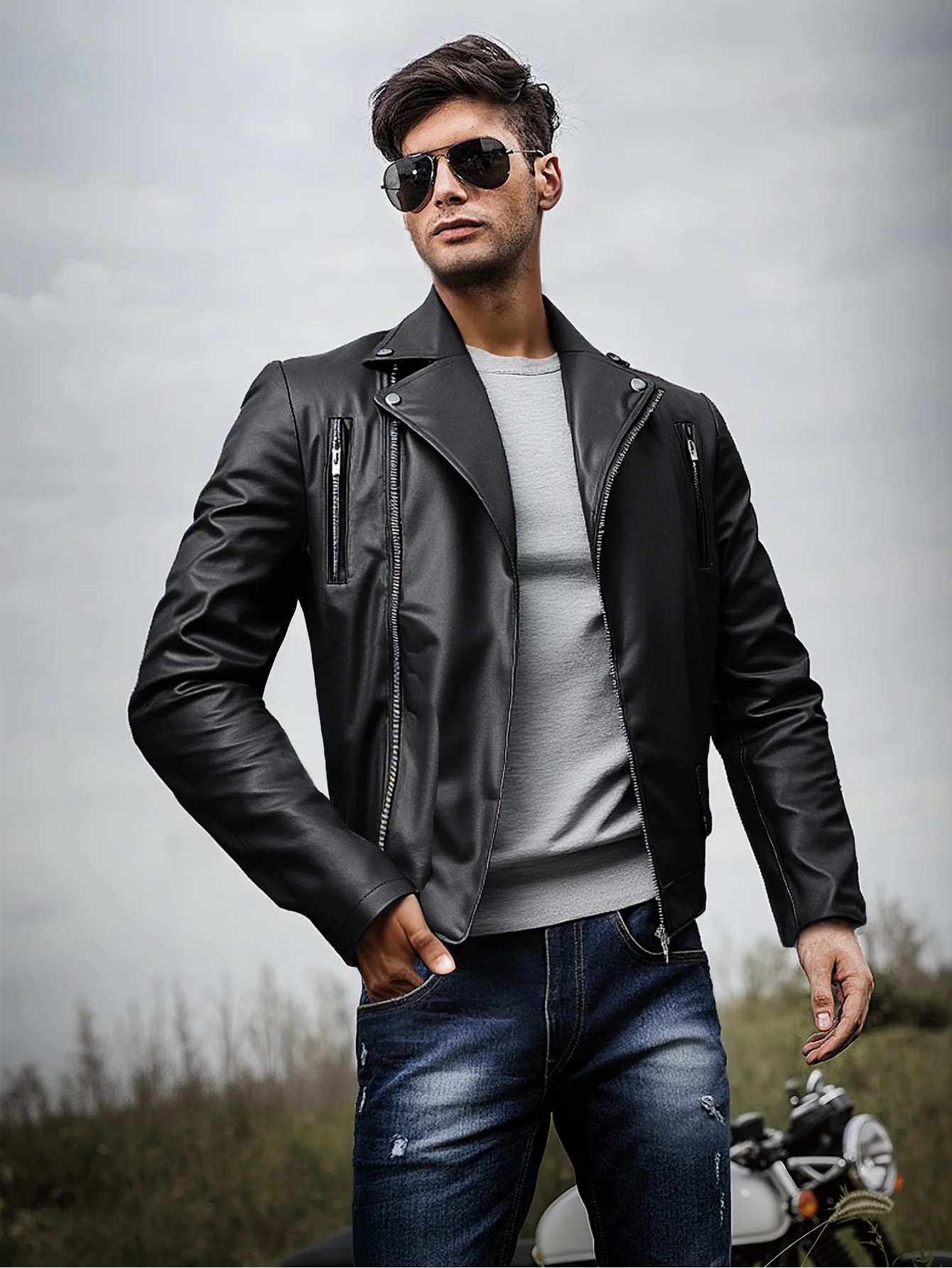 Fashion Leather Coat For Men Notched Lapel Slim Fit Business Casual Blazer Only Jacket