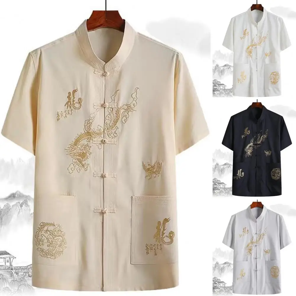 Dragon Print Practice Shirt Men's Chinese Traditional Linen Tang Shirt with Hand Plate Buckle Design Oriental for Comfortable