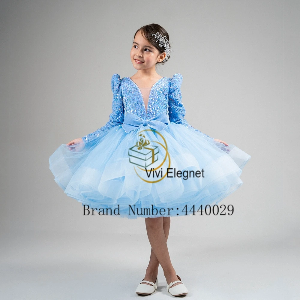 

Customized Blue V Neck Flower Girl Dresses Sequined Full Sleeve Wedding Party Gowns for Birthday New 2025 Summer فساتين اطفال ل