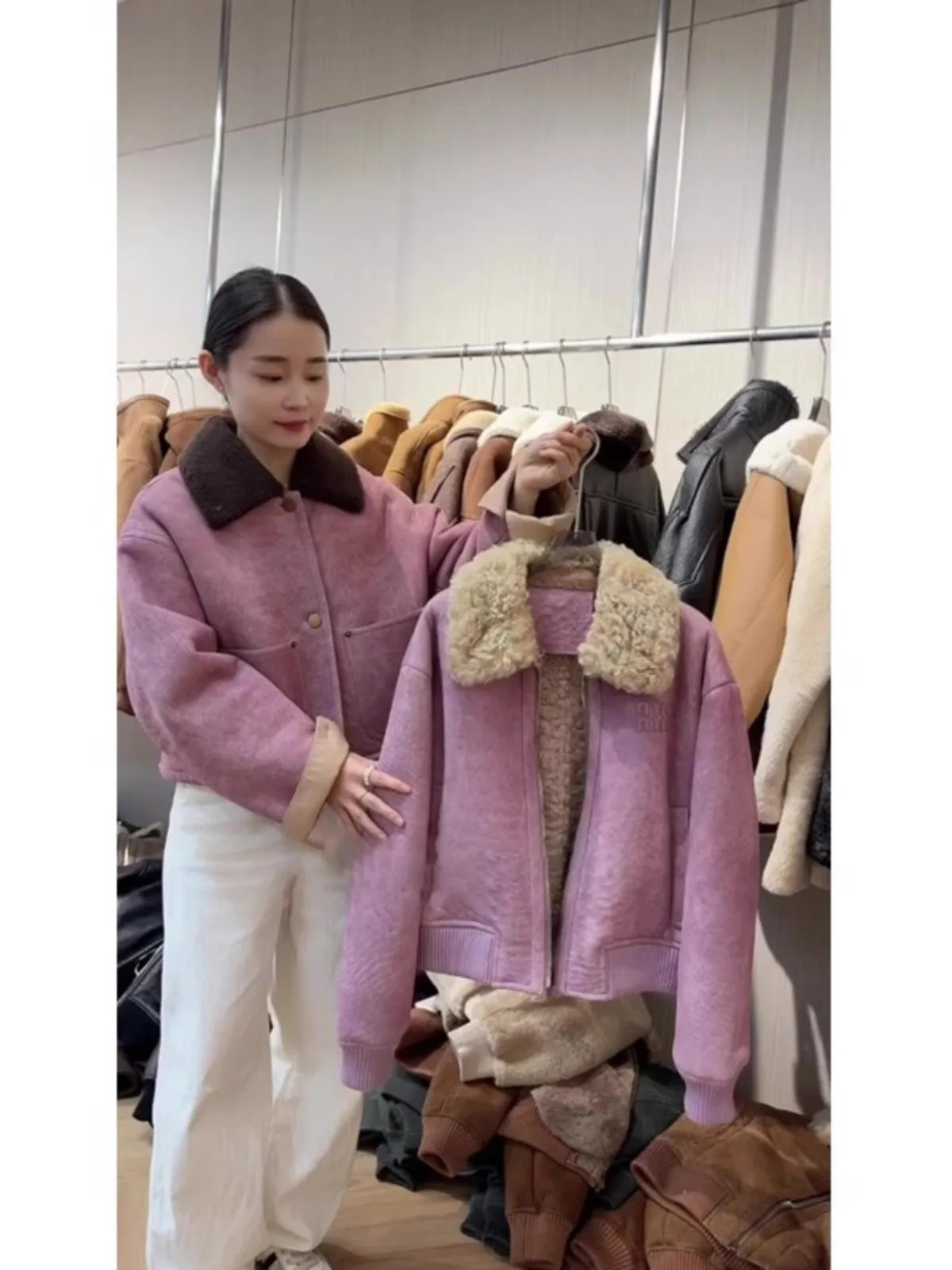 Coreano sle roxo fce forrado pele jaet feminino inverno 2024 novo tamanho pequeno super bonito integrado couro e casaco de pele