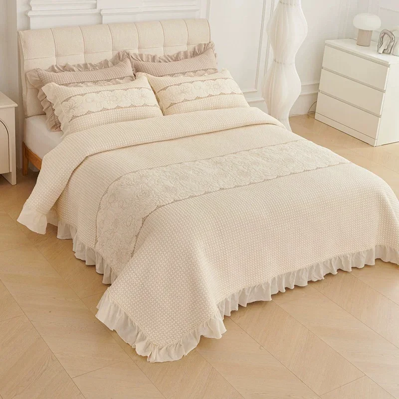 Sand-Washed Cotton Quilt Set 3-Pieces Queen Size Bed CoEmbroidered Ruffle Bedspread & Coverlet Quilted Blanket for Bed Comforter