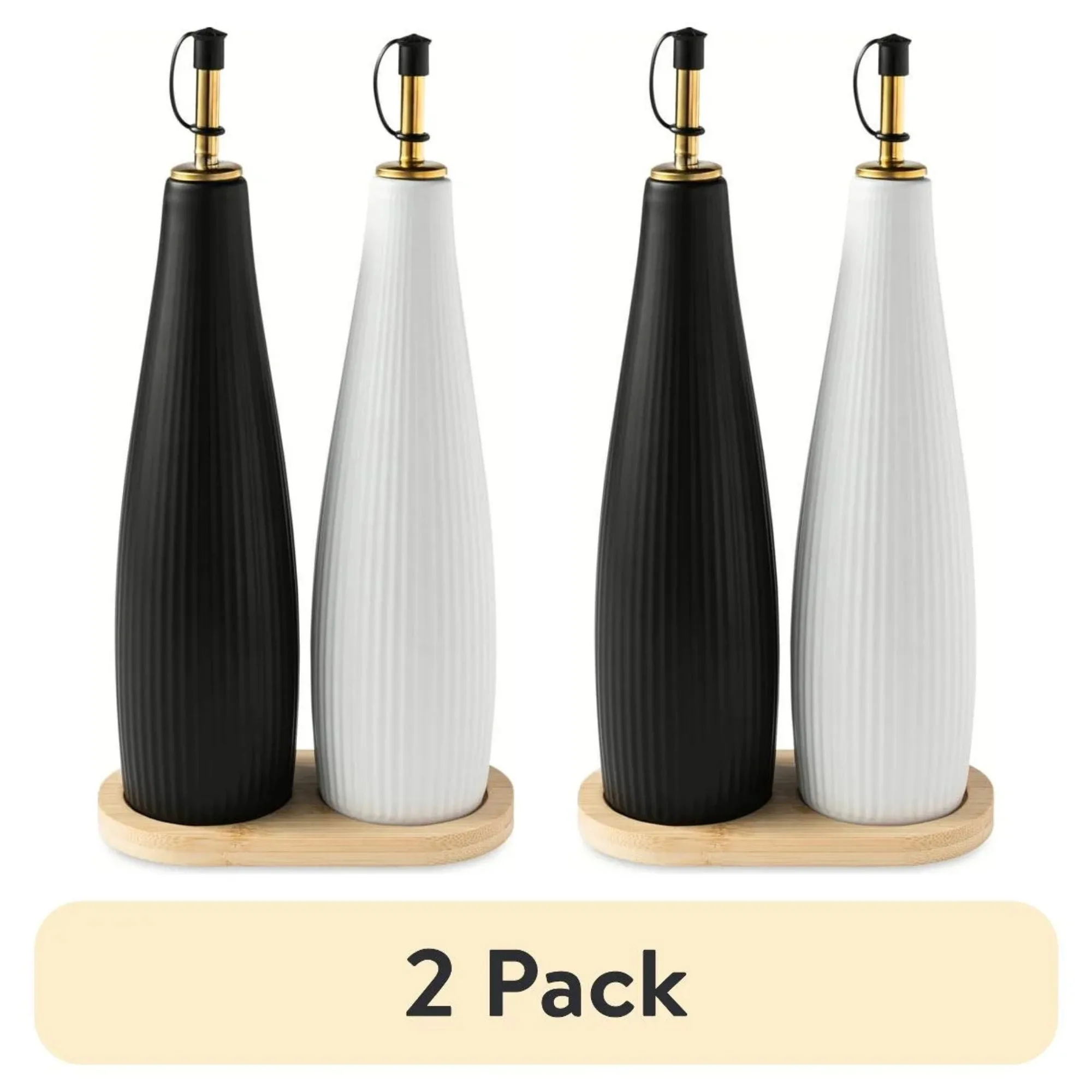 

(2 pack) Ceramic Oil and Vinegar Cruet Set with Bamboo Base, Black