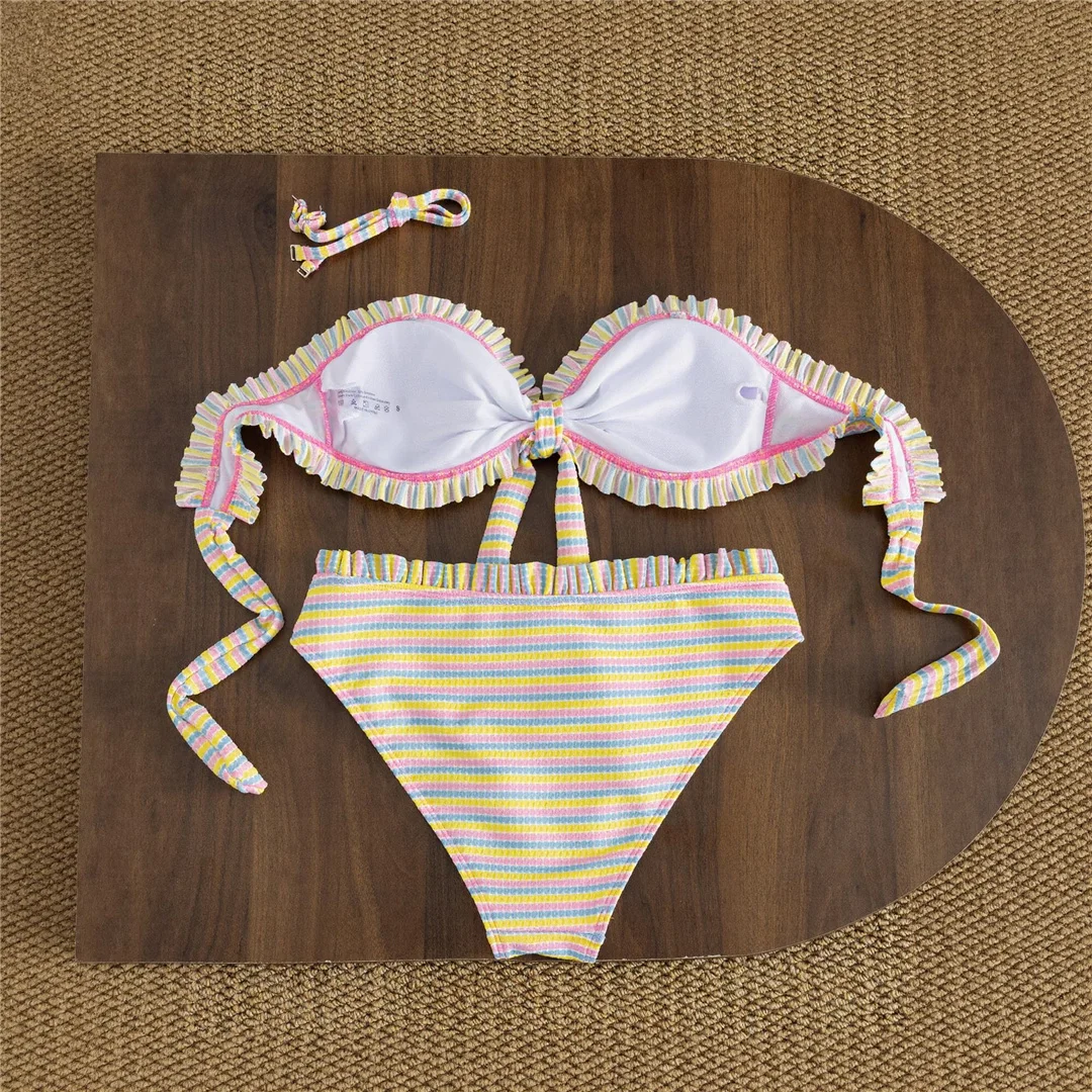 S - XL Gestreifter, plissierter, geraffter, geknoteter Bikini, Damen-Badebekleidung, zweiteiliger Bikini, Badeanzug, Badebekleidung, Schwimmanzug V8509 – Detail 6
