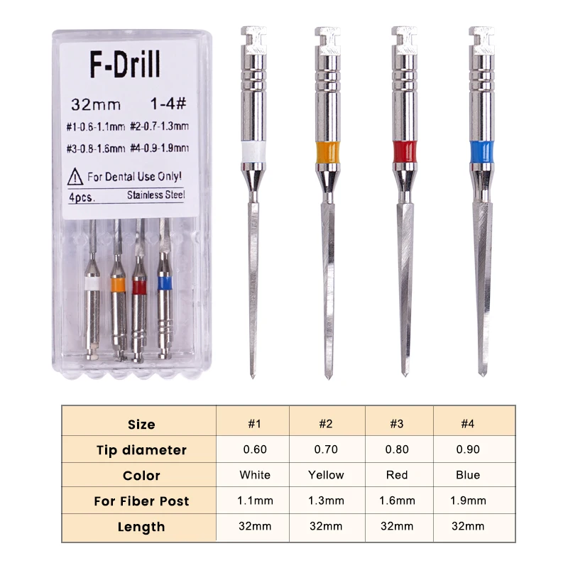 4pcs/box Dental Fiber Drill Metal Reamers Drills Bit For Fiber Post Engine Endodontics Files Refills