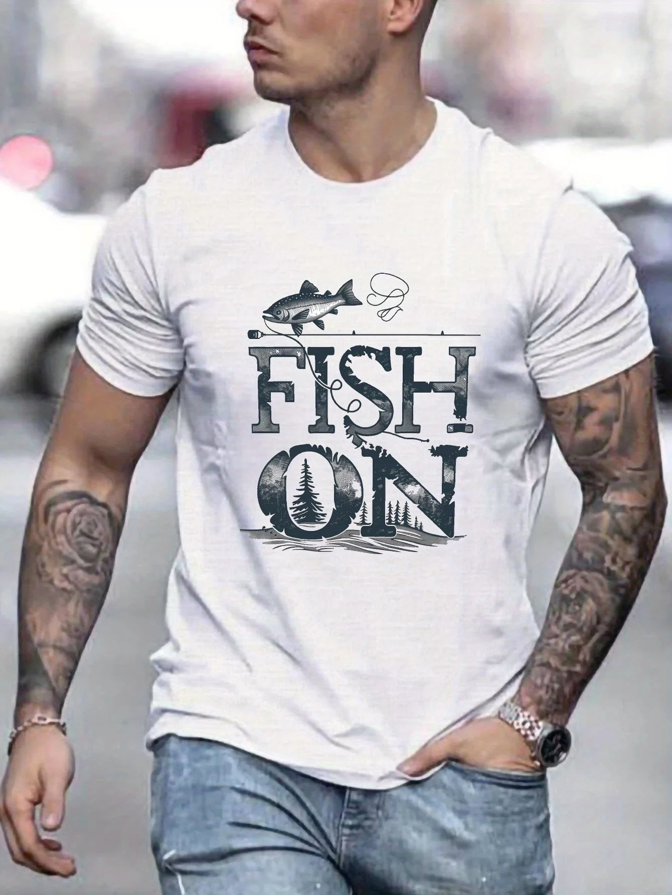 Fishing Graphic Jumping Fish & FISH ON Design T-Shirt 100% Cotton O-Neck Short Sleeve Summer Casual Mens T-shirt Streetwear