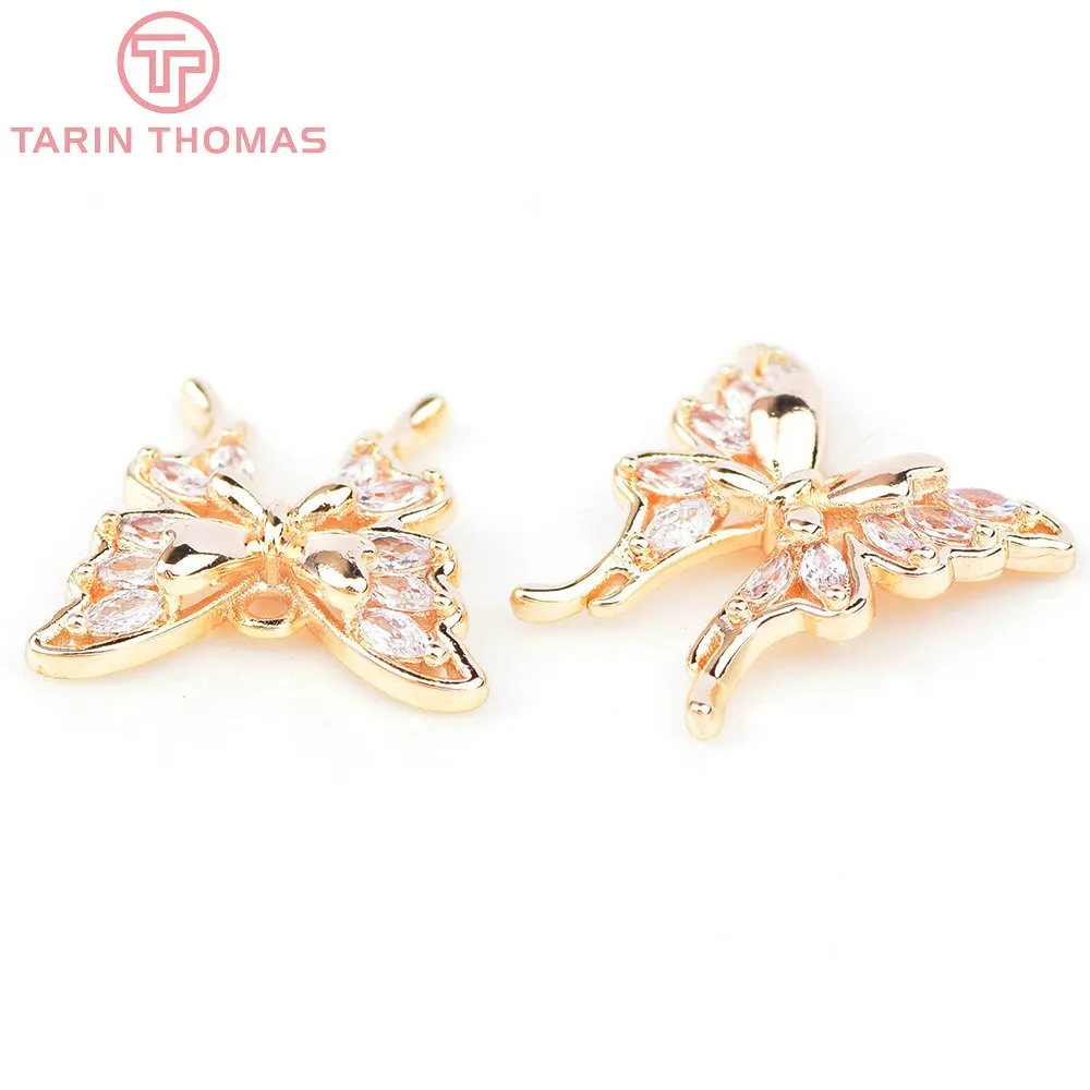 (6571) 4PCS 16x15.5MM 24K Gold Color Brass with Zircon Butterfly Charms Pendants High Quality Jewelry Making Findings Wholesale