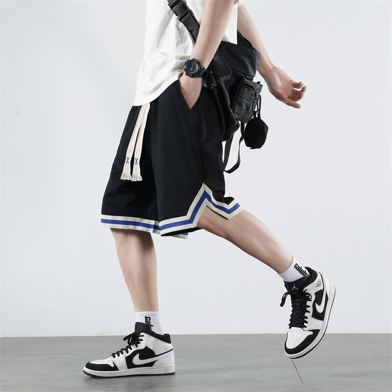 Fashion Sports Solid Color Knee Pants Korean Spliced Summer Loose Young Style Men's Clothing Drawstring Elastic Casual Shorts