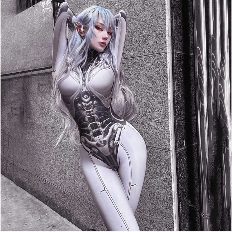 New 3d Printed Sexy Cosplay Bodycon Jumpsuits Y2k Techwear Long Sleeve Gothic Punk Playsuits Anime Women Mock Neck Zip Bodysuit