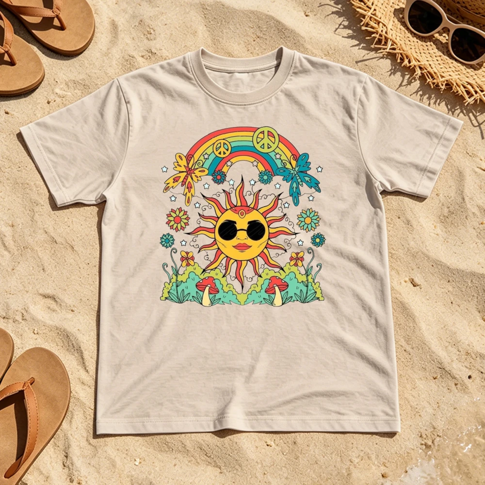 Retro Hippie Sun Rainbow Peace Sign Butterfly Mushroom Floral Graphic Tees Vintage Boho Short Sleeve Women Summer Aesthetic Tops