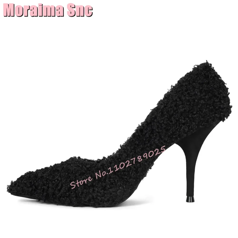 Lamb Wool Pointed Toe Shallow Pumps Slip On Stiletto High Heel Sexy Elegant Women Shoes Summer Banquet Party White Solid 2024
