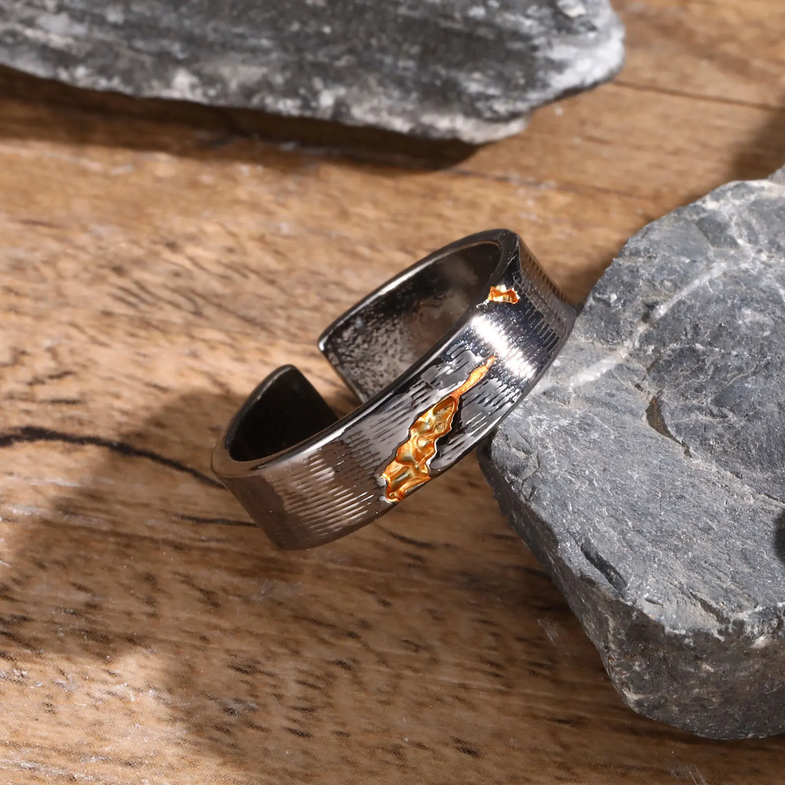Retro Grey Metal Ring for Men Boys,Golden Lightning Open Ring,Vintage Punk Jewelry Gifts