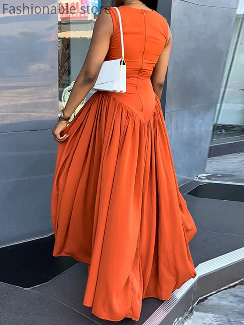 Women Sexy Solid Color Round Neck Hollow Out Sleeveless High Waist Big Swing Maxi Dress