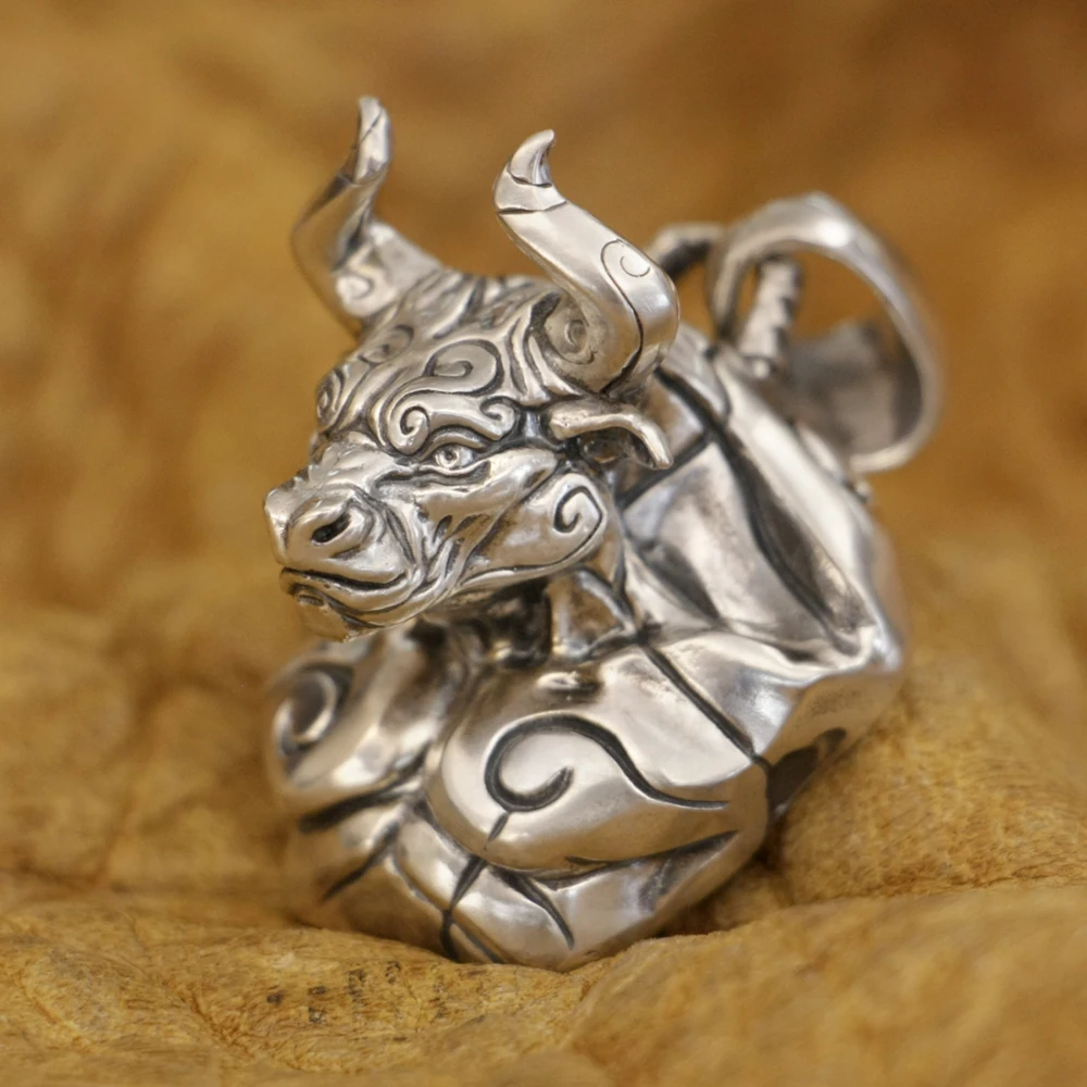 

LINSION 925 Sterling Silver Huge Bull Man Pendant Biker Rock Punk Jewelry TA390