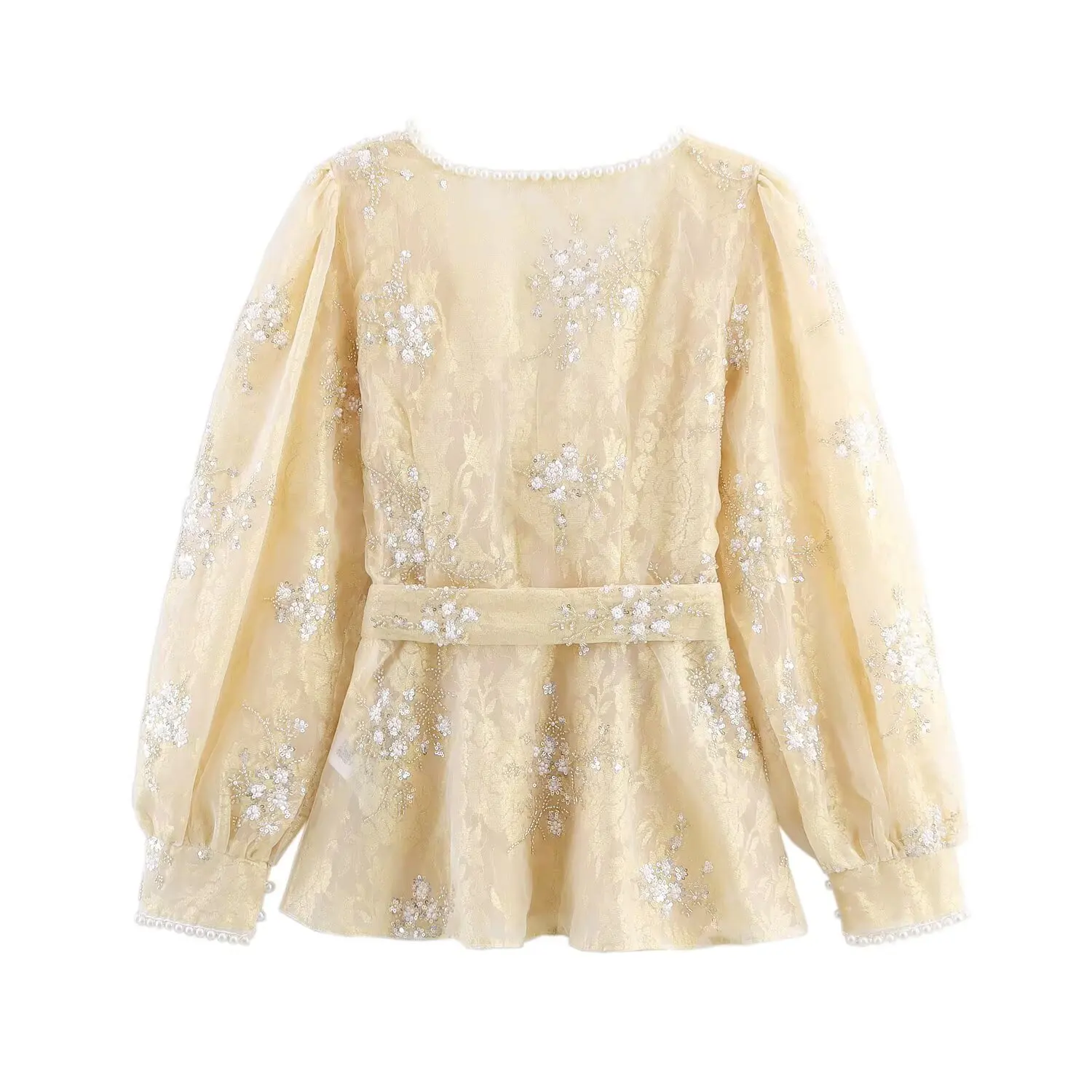 ZBZA Spring New Women's Faion Bead Pearl Button Headwear Elegance Long Sve Top Commute Sle Loose Fit Polyester Fiber