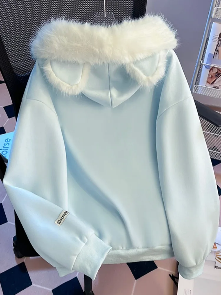 Thiened Fce Kapuzenpullover Ohr Warme Oberbekleidung Original Design Loose Fit Damen Herbst Winter Neu SLE Casual Ja...