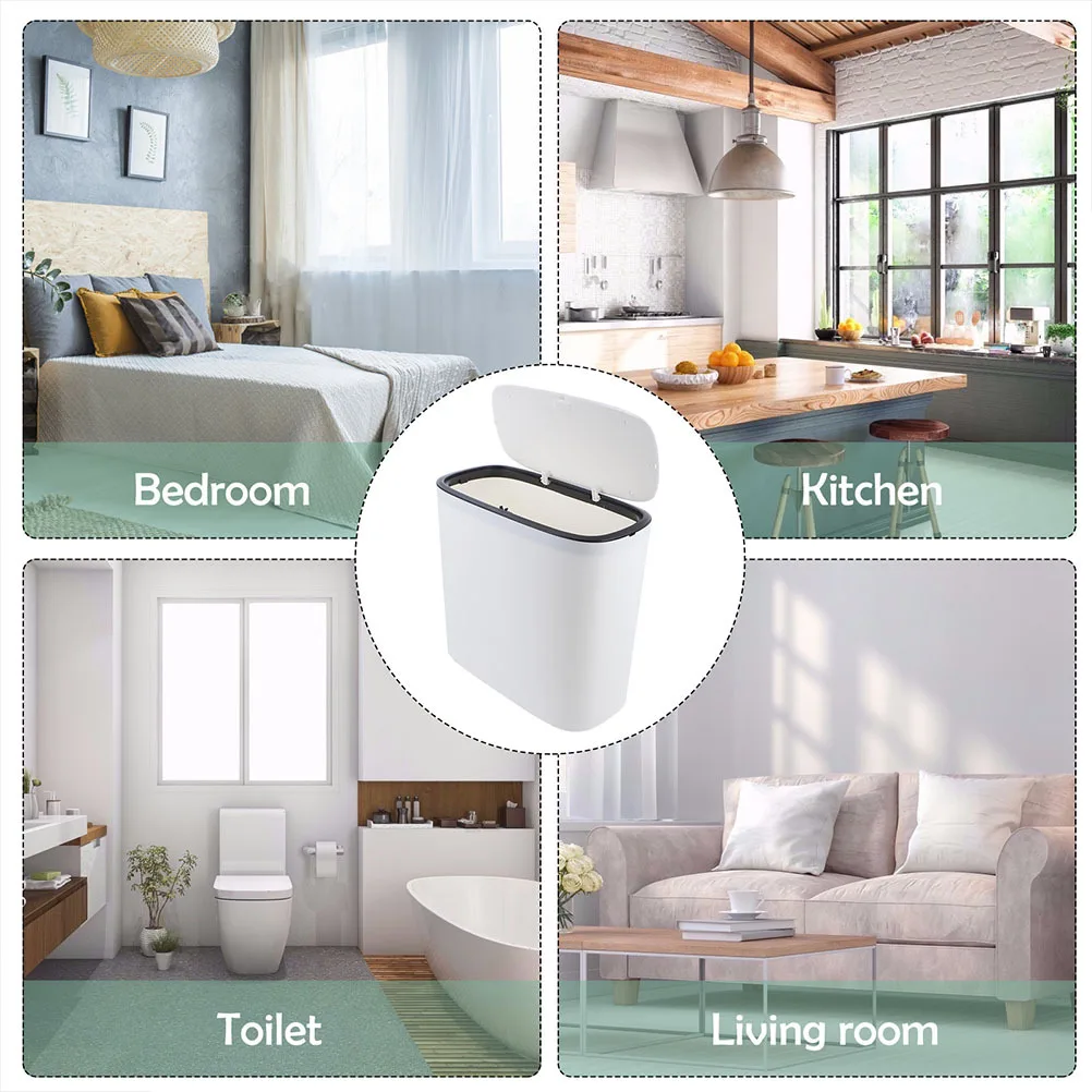 

White Press Type Trash Can Lidded Household Garbage Container for Kitchen Bathroom Bedroom Plastic Trash Holder
