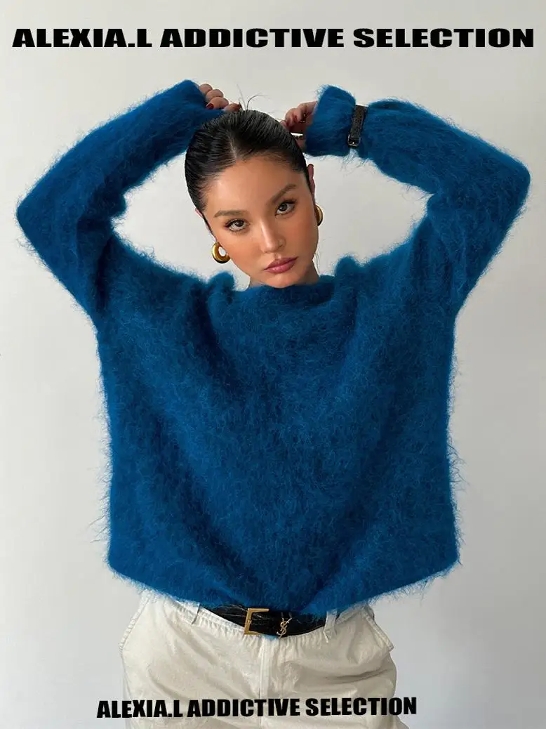 

Xial French Street Sle Chic Deep Sea Blue 00% чистая шерсть с длинными волосами вязаный круглый свитер Ne для женщин теплый и подогрев