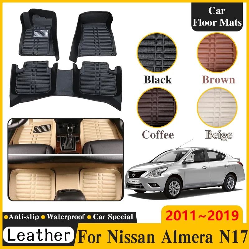 

LHD Car Mats Leather For Nissan Almera N17 2011~2019 Latio Sunny Versa Foot Pad Leather Panel Liner Carpet Interior Accessories