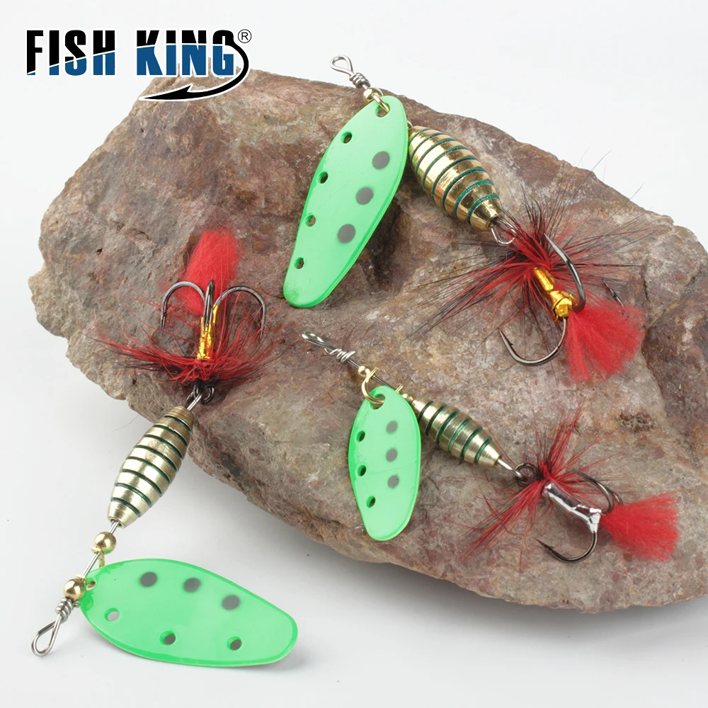 FISH KING 1PCS/2PCS Spinner Lure 6g/12g/16g Bait Metal Brass Spoon Hard Lure Feather Treble Hook Fake Lure Fishing Tackle Pesca