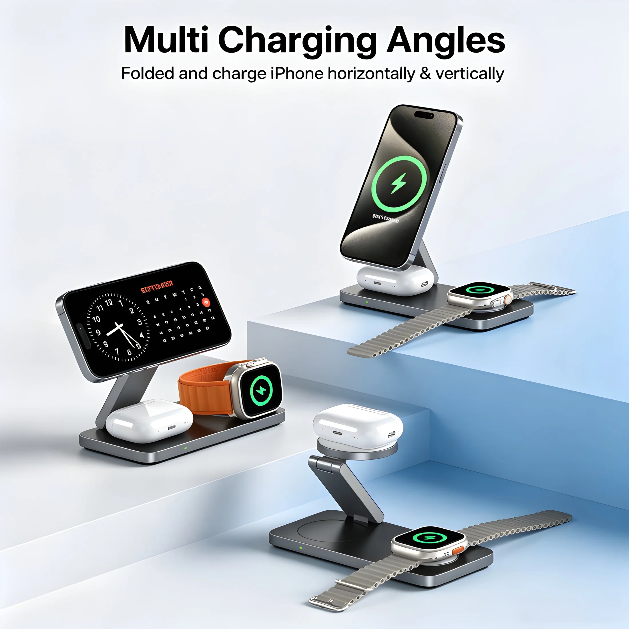 Foldable 3 in 1 Wireless Charger Station Magnetic Max 15W Fast Charging Dock for Mobile Phones Earphones Watches