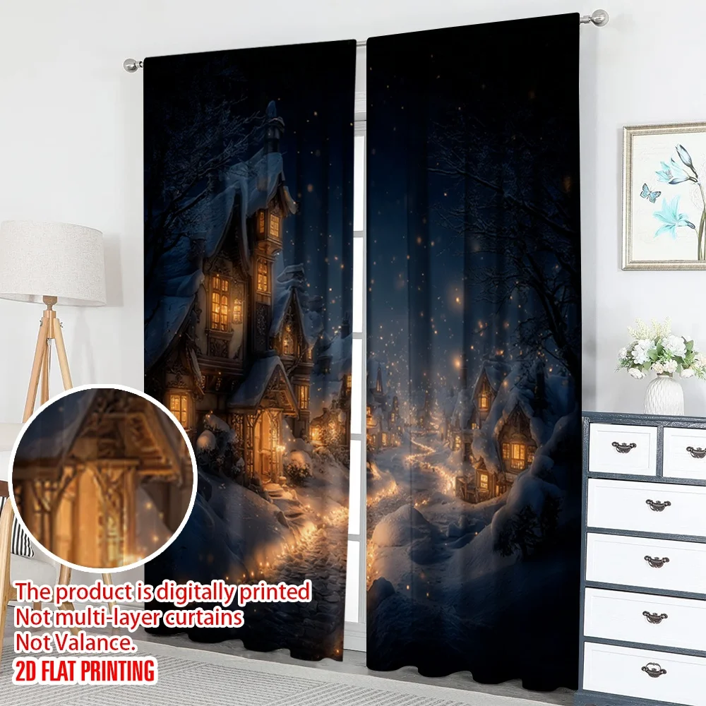 2 قطعة 2D الطباعة المسطحة عيد ميلاد سعيد الستائر دافئ الشتاء قرية مساء المشهد الرقمية المطبوعة البوليستر الستائر حفلة الأسرة #5