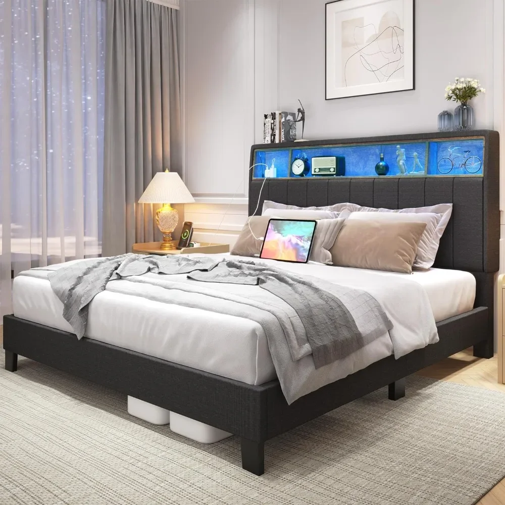 Queen Bed Frame With Storage Headboard Upholstered With Built in Charging Station & LED Dark Grey Platform Bed Frame