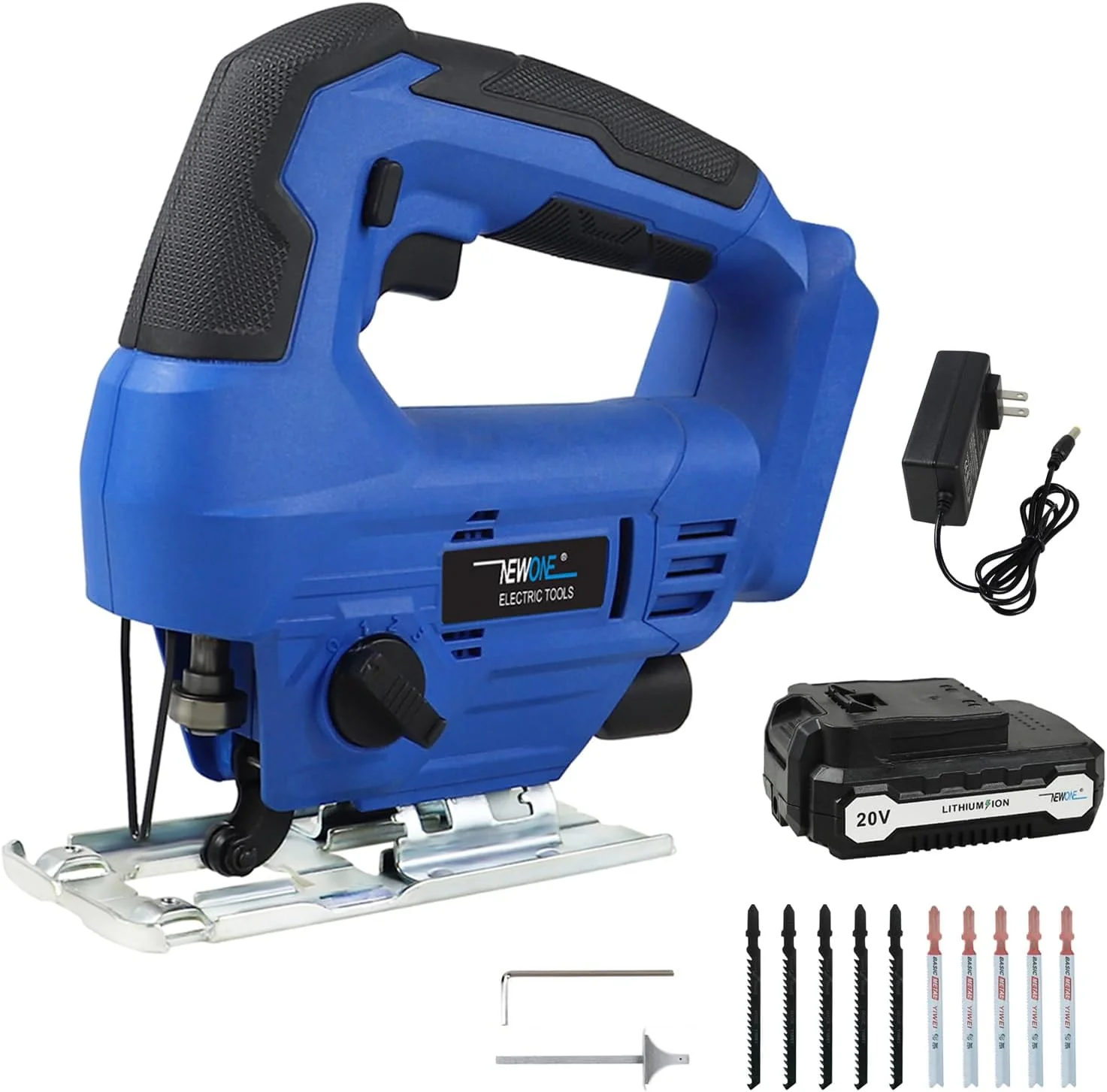 Cordless Jig Saw, NEWONE 20V Electric Jigsaw with 2.0A Battery,4 Adjust Speed of Up to 2500SPM,LED Light Bevel Cutting for Wood