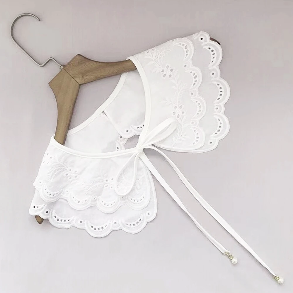 

Hollow Out Crochet Embroidery Lace Collar Women Lolita Fake Collar Girl Necklace Shawl Accessories With Imitation Pearl Bowtie