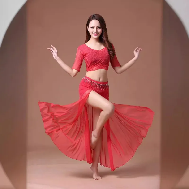 Damski strój do ćwiczeń tańca brzucha, kostium do występów tańca orientalnego plus size, spódnica z siateczki i top.