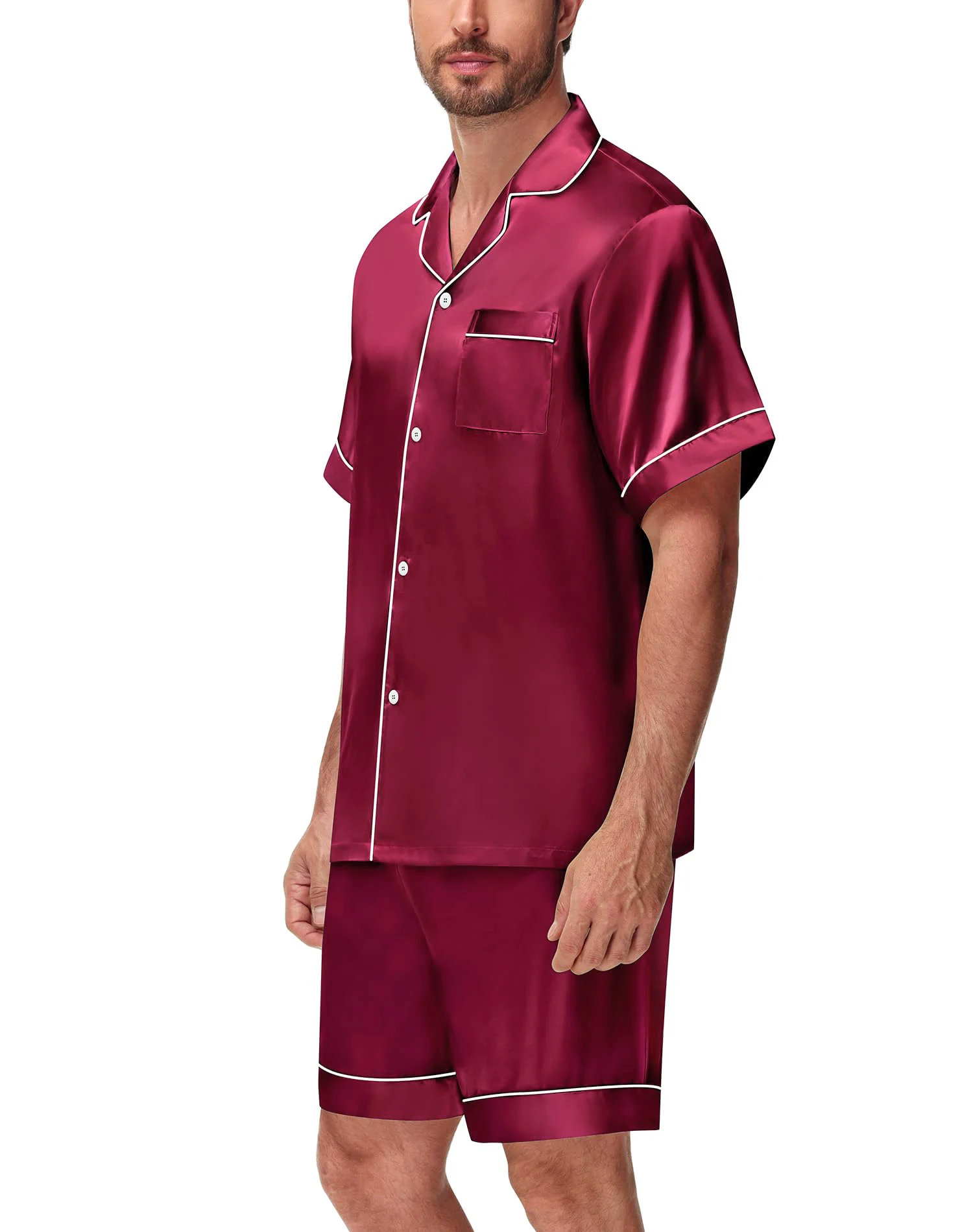 2-teiliges Pyjama-Set aus seidigem Satin für Herren, kurzärmeliges Hemd mit Revers, Brusttasche und Shorts, glatte Haptik, weiche Nachtwäsche, gemütliche Nachthemden – Detail 18