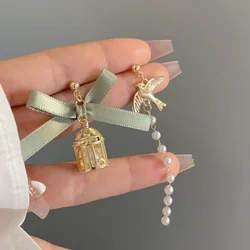 Japanese Niche Birdcage Asymmetrical Tassel Ear Clips Earrings Korean Temperament Pearl Long Clip on Earrings Without Piercing