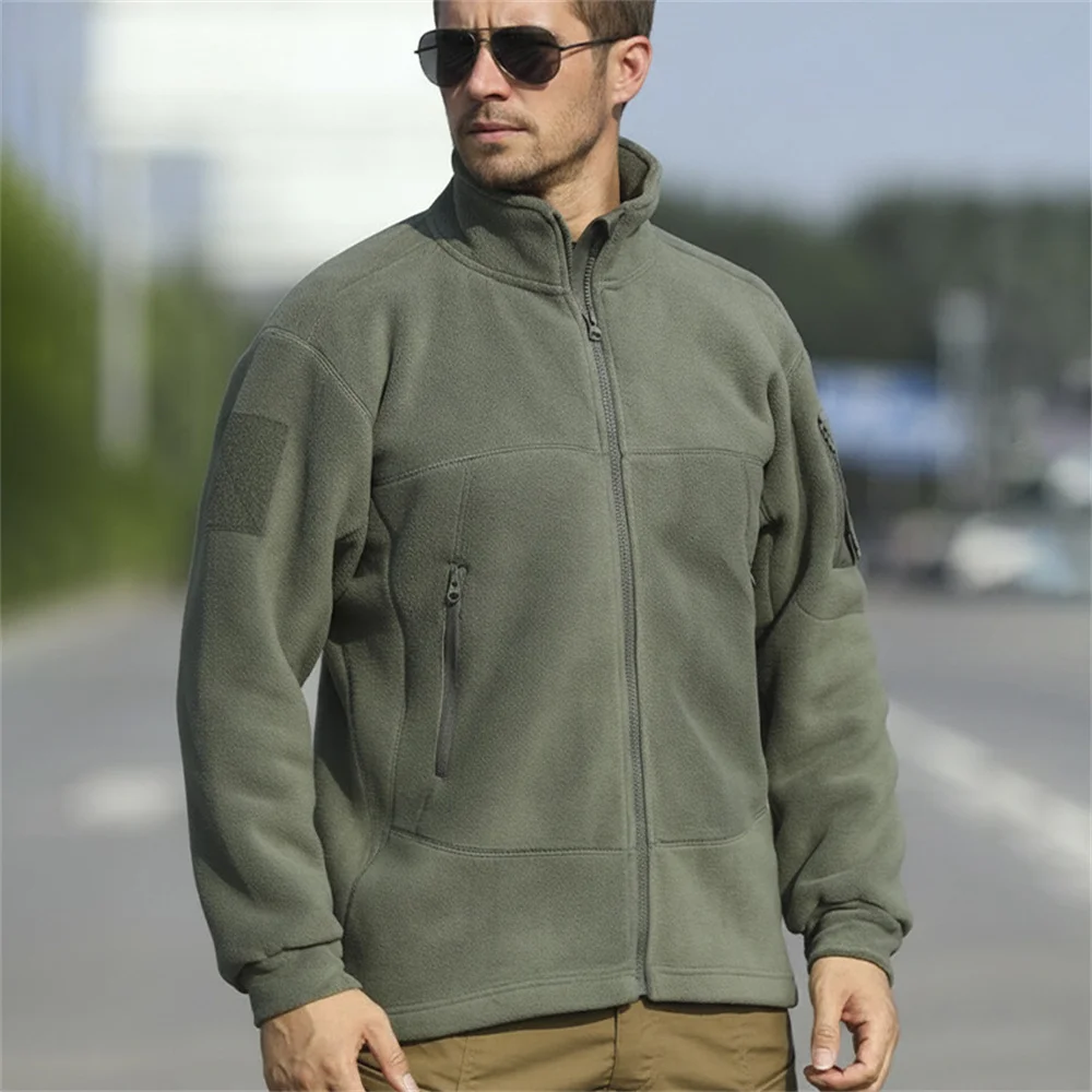 Men's Tactical Fleece Jacket, No-Hood Full Zip Polar Fleece Coat, Warm Windproof Outdoor Hiking Camping Outerwear