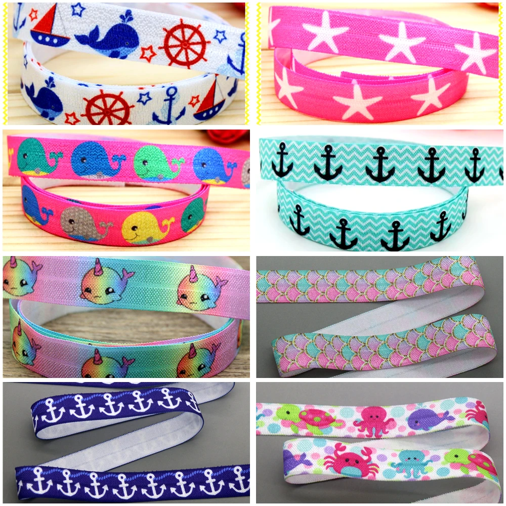 DHK 5/8\'\' 5yards Navy Anchor Fish Scale Whale Sea Animals Summer Printed Fold Elastic FOE Stretch Ribbon Headband DIY C1718