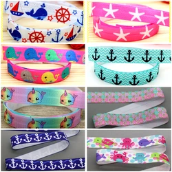 DHK 5/8'' 5yards Navy Anchor Fish Scale Whale Sea Animals Summer Printed Fold Elastic FOE Stretch Ribbon Headband DIY C1718