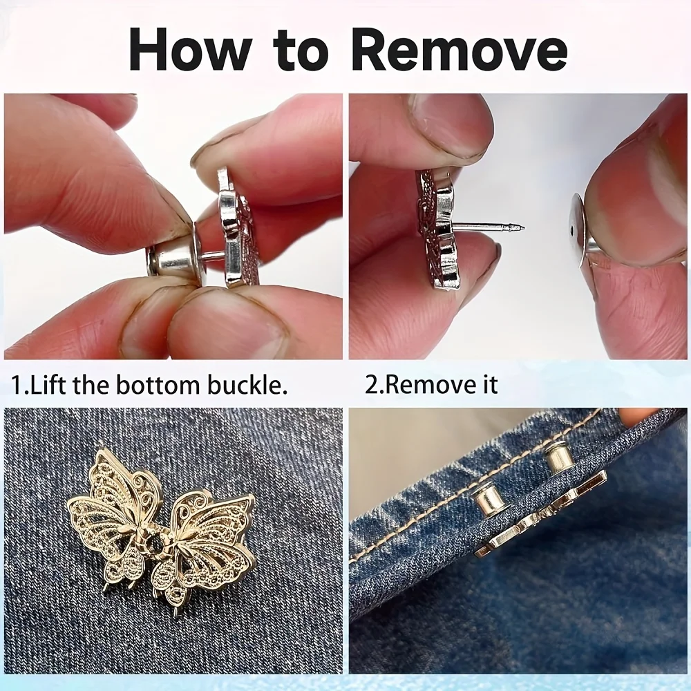 4 pairs of adjustable denim button clips, loose denim metal butterfly waist tightener, no need to sew or shrink pants size